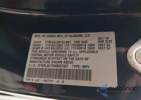 2019 Honda Odyssey Ex-L z USA, uszkodzony, nr VIN 5FNRL6H7XKB087607